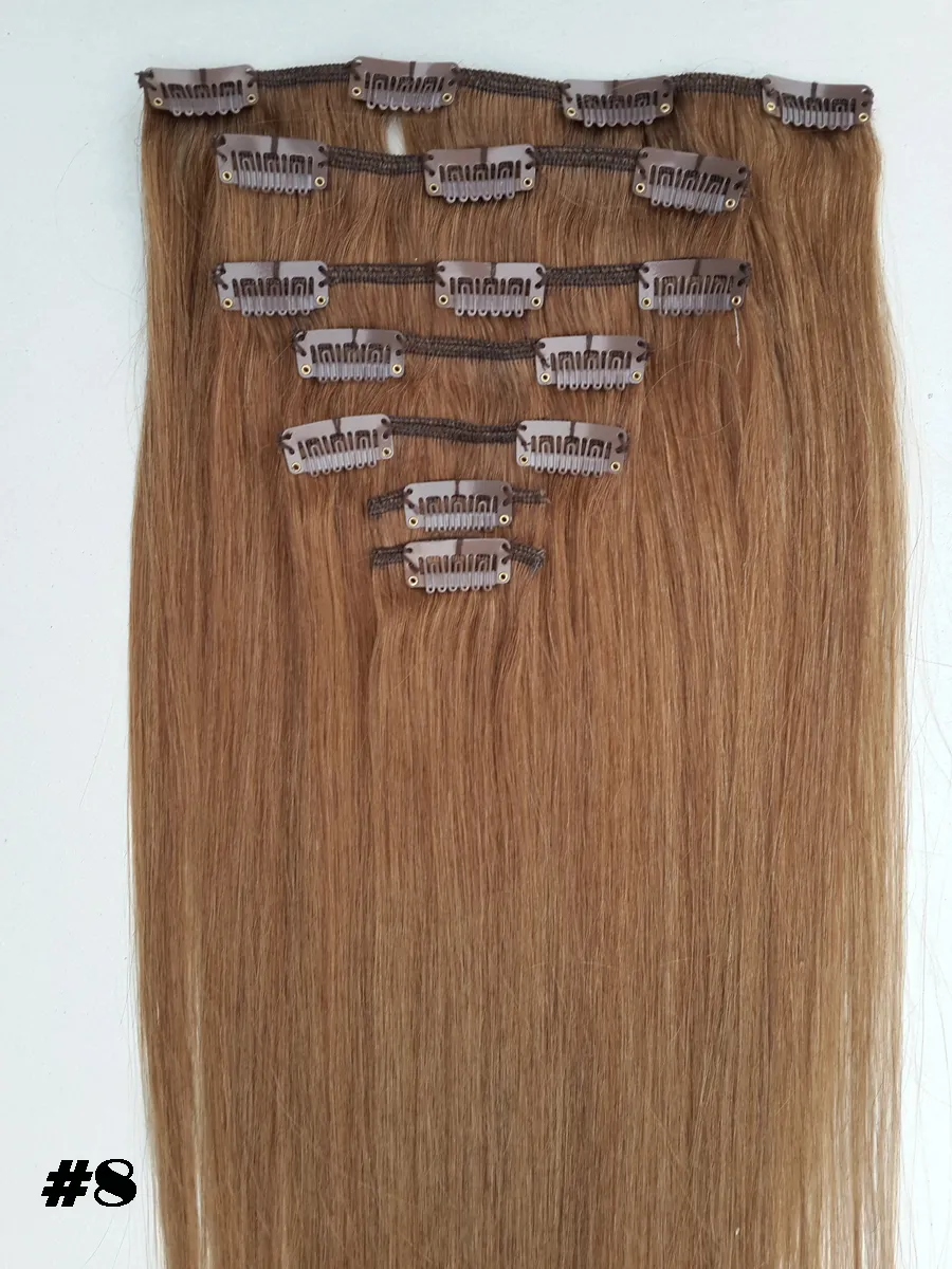 Extensions de cheveux humains européens Remy à double tirage, cheveux humains soyeux et lisses, tête complète, extensions de cheveux à clips, 7 pièces, 12 à 26 pouces, couleur naturelle