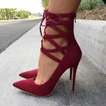 Zapatos de Mujer 2020, Zapatos de tacón de ante rojo y Beige para Mujer, Zapatos de vestir con cordones, Sandalias de gladiador con tacones de aguja, Zapatos de tacón alto con punta en pico para Mujer