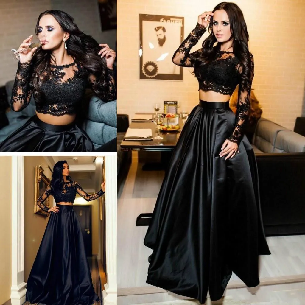 Abiti da sera arabi sexy in due pezzi Abiti da sera in pizzo a maniche lunghe Nero Plus Size 2018 Abiti da donna da ballo africani sauditi Abiti da cerimonia