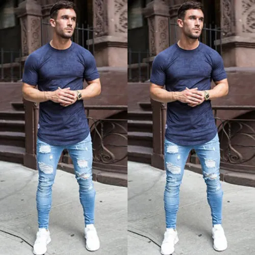 Men Stretchy Ripped Skinny Jeans Destroyed Taped Slim Fit Denim