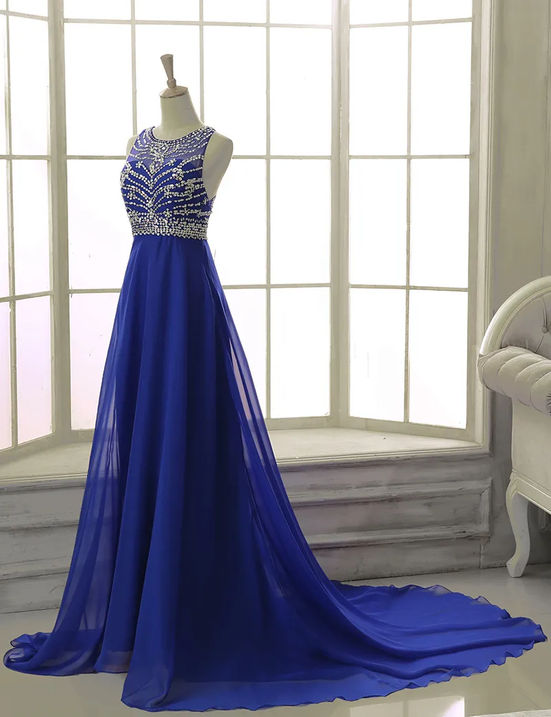 2018 New Stock Elegant Blue A-Line Long Prom Dresses With Beads Floor-Length Party Dresses Formal Gowns Vestido De Festa Size 2-16