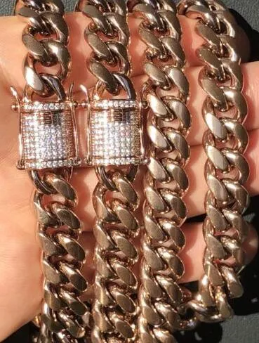Kubanisches Gliederarmband für Herren, Kettenset, 14-karätig rosévergoldet, 12-mm-Diamantverschluss 296F