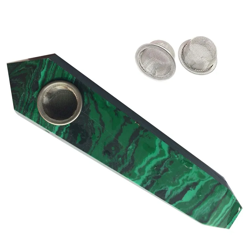 グリーンマラカイト水晶喫煙パイプクリスタルストーンワンドポイント葉巻パイプ健康喫煙用3つの金属フィルター