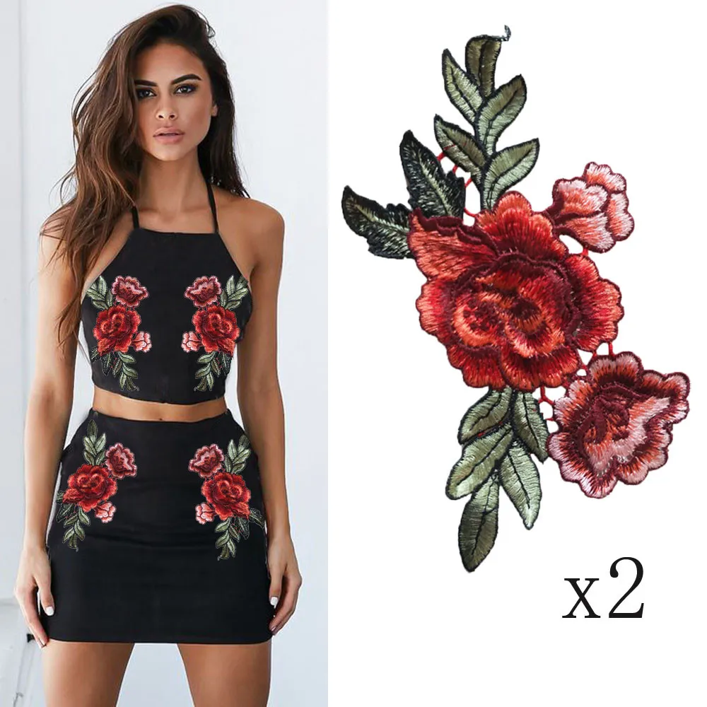 20 -stcs Flower Patches Big Stickers Borduurwerk 3D Red Rose Diy Bordined Roses Floral Collar Sew Patch Sticker Applique Badge3079388