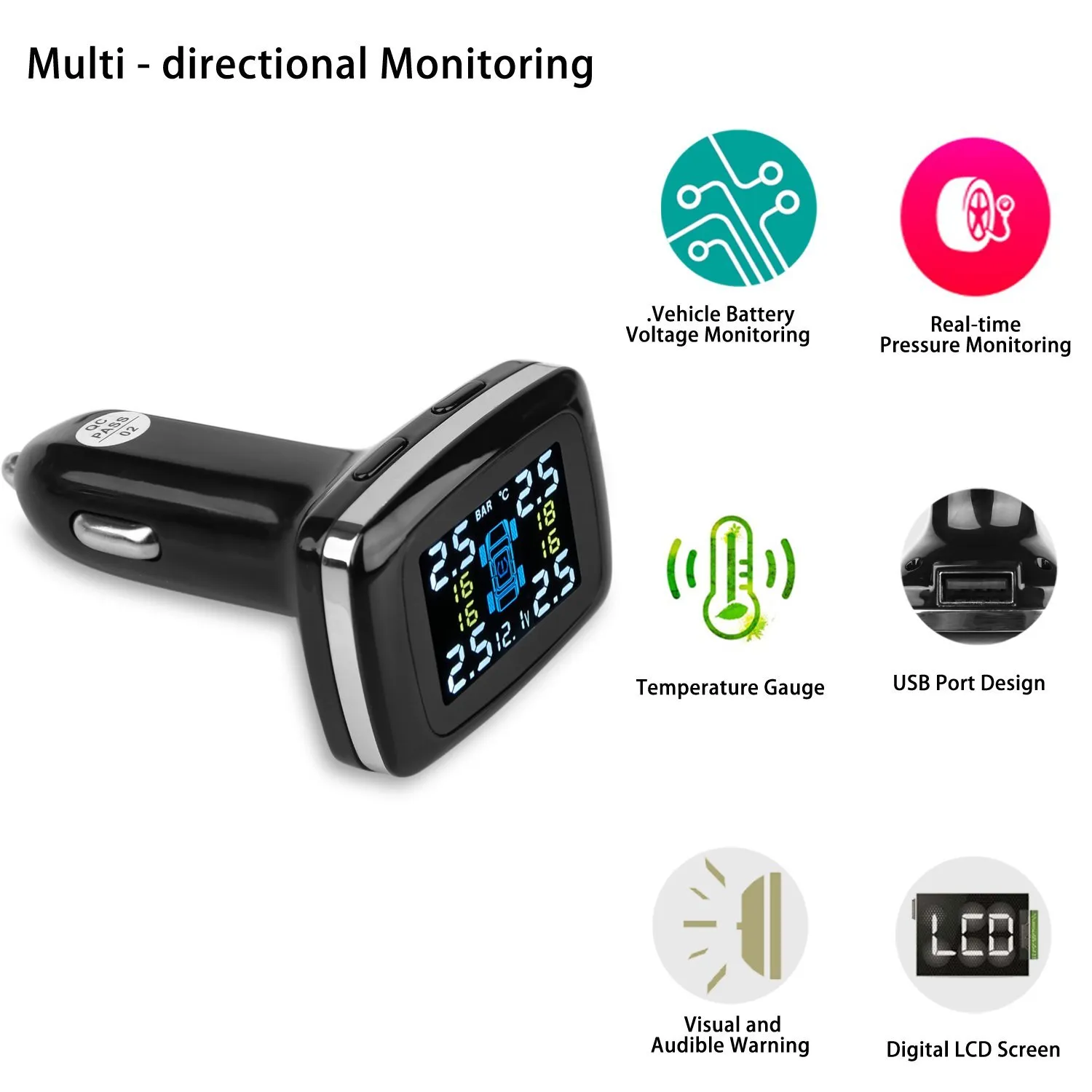 Système de surveillance de la pression des pneus TPMS sans fil avec 4 capteurs externes Prise allume-cigare Affichage LCD avec pression des pneus324V