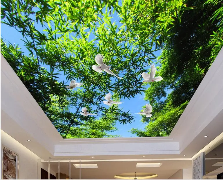 Personalizzato Grande soffitto murale Carta da parati 3D Stereo Foresta di bambù, cielo blu Natura Paesaggio foto Murale Soffitto Wallpapers