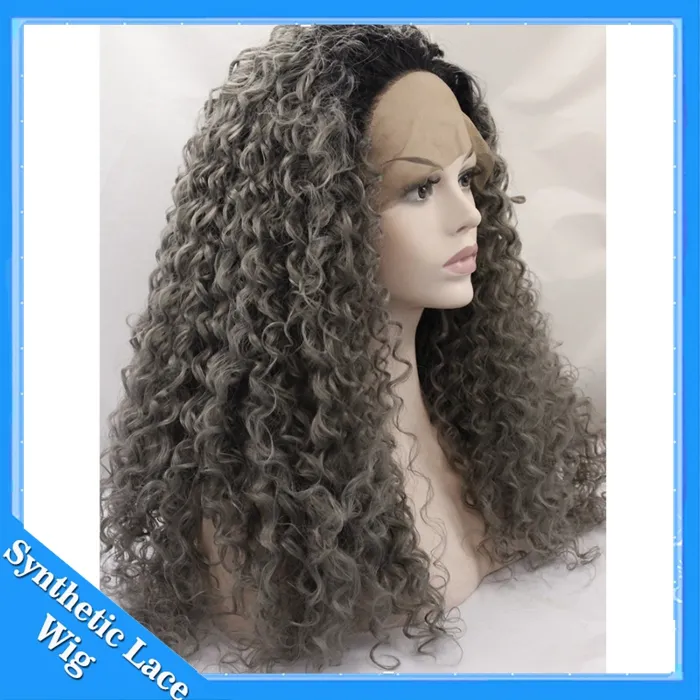Ombre afro извращенные вьющиеся темно -серое синтетическое кружево переднее парик с бесцветными двумя тонами натуральные черные серебряные серые теплостойкие волосы Wi8134555