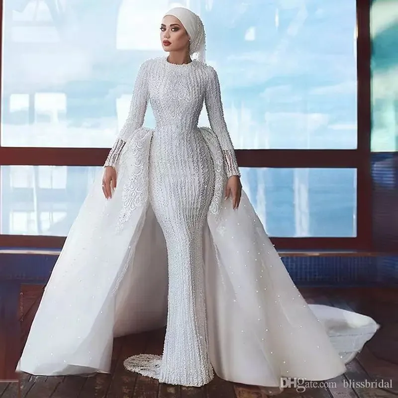 Luxe met lange mouwen zeemeermin trouwjurken met oversokken juweel nek moslim bruidstoga Dubai Arab Vestidos plus size