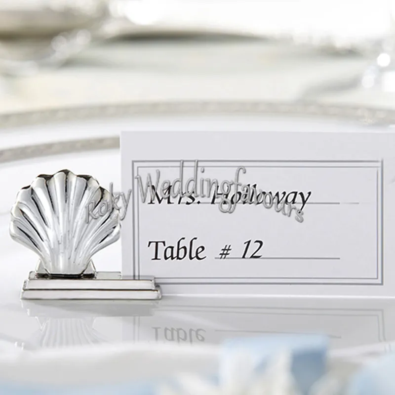 12PCS Silver Seashell Place Card Holder in Organza Bag Packing Wedding Favors Party Table Decor Idea