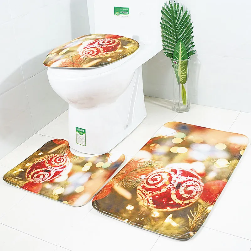 Noel Dekor 3 ADET Banyo Paspaslar Top Kardan Adam Baskılı Banyo Kilim Seti Kaymaz Su Emme Tuvalet Kapağı Banyo Mat Kilim