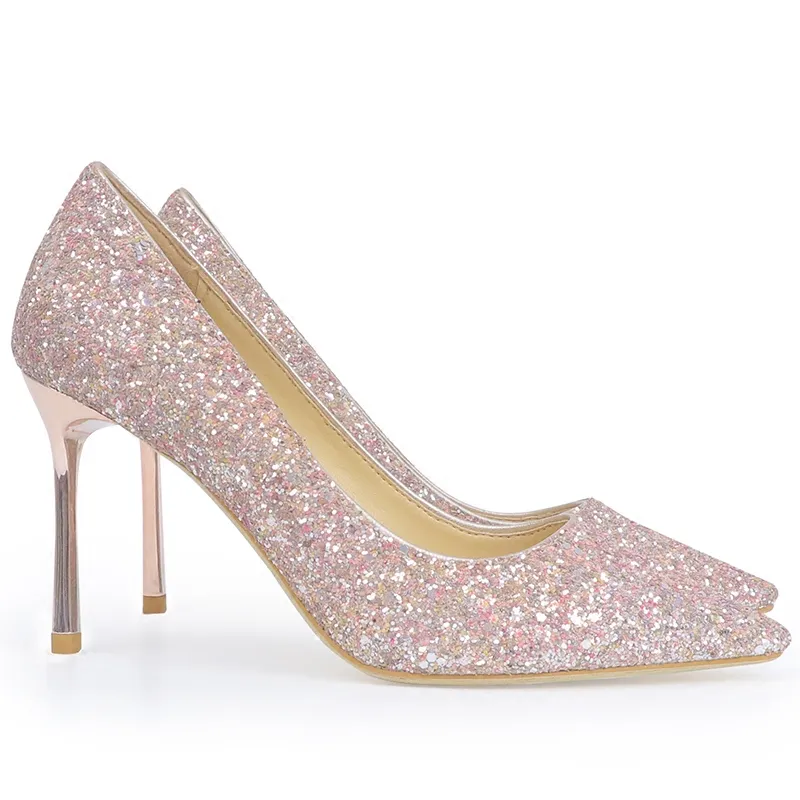 Sparkly Champagne Sequined Wedding Shoes For Bride Stiletto Heel Prom Banquet High Heels Plus Size Pointed Toe Shallow Bridal Shoes