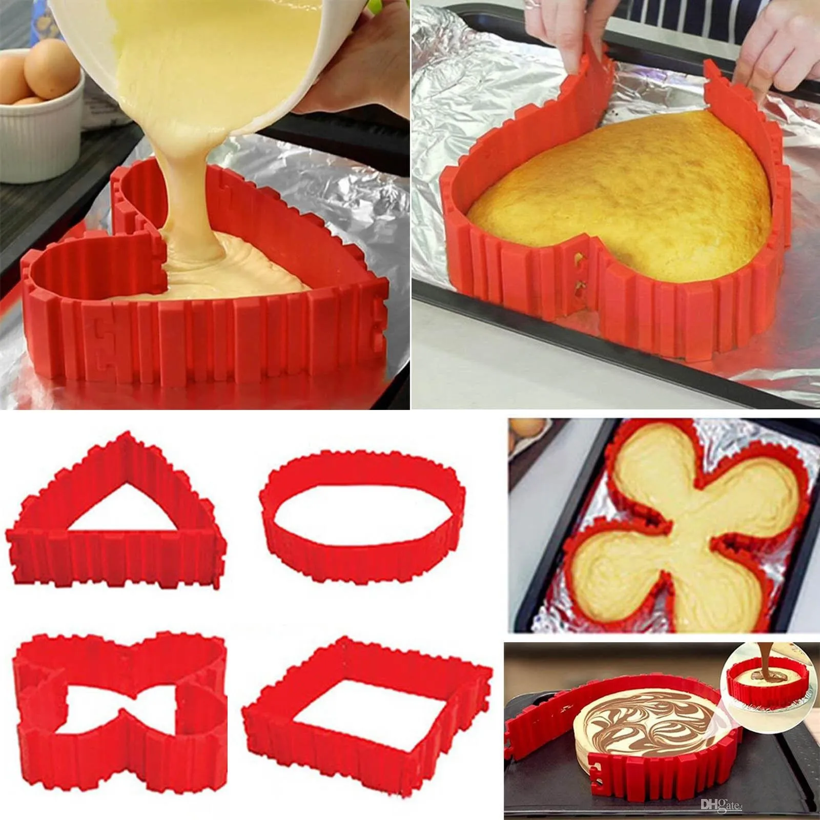 4 pezzi / set silicone bakeware stampo per torta serpente magico cottura fai da te quadrato rettangolare a forma di cuore stampo per torta rotonda strumenti per pasticceria b932