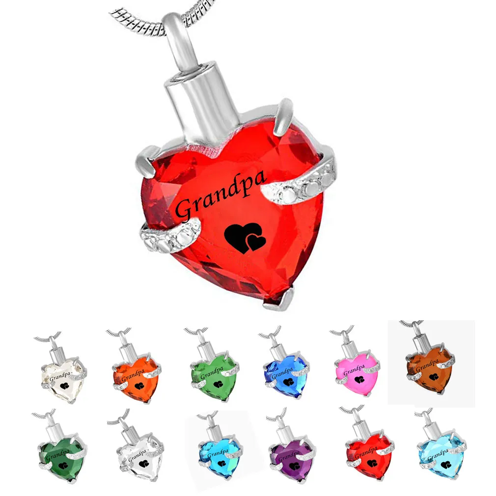 Grandpa Glass Cremation Jewelry Heart Birthstone Pendant Urn Necklace Ashes Holder Keepsake