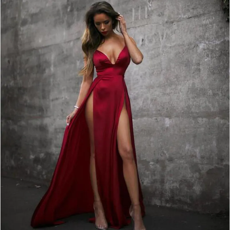 Summer Dress High Split Red Maxi Dress Women Solid Sexy Floor-Length Chistamas Party Prom And Evening Beach Clubwear Long Dresses