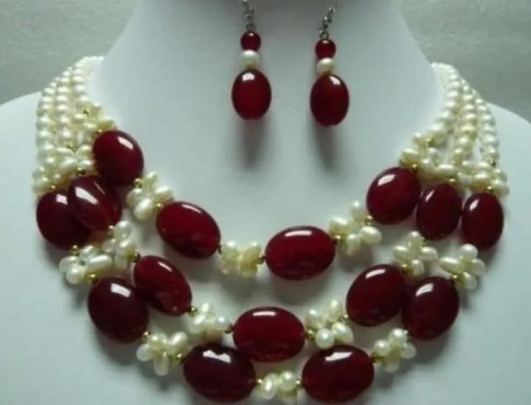 Heißer Verkauf FREIES SHIP3Row Halskettenohrringe der weißen Perle mit rotem Stein arbeiten Hochzeitsfest-Schmucksachen um