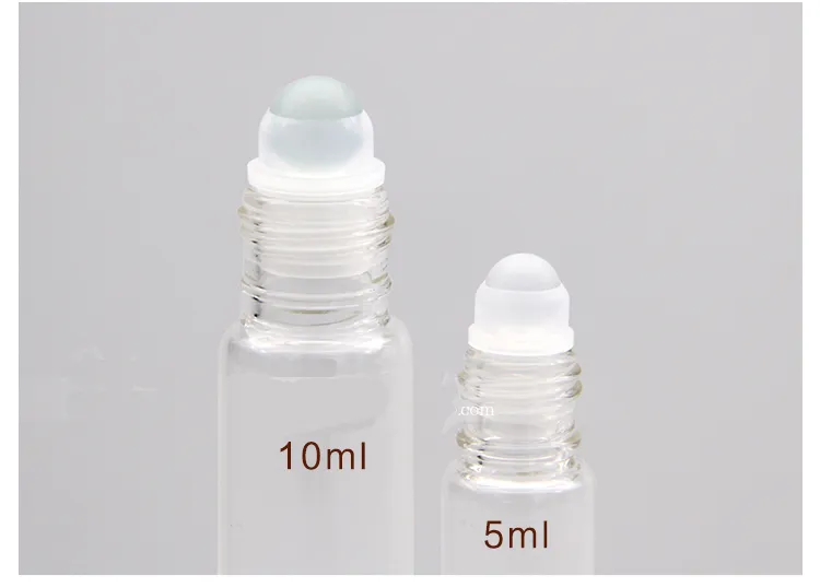 5 flacons roulants transparents de 10 ML avec boule en verre pour huiles essentielles, parfum, flacons en verre avec couvercles blancs, format voyage