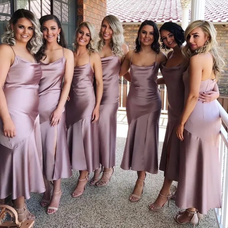 Deep Lilac Ankle Length Bridesmaid Dresses Sexy Spaghetti Straps Ruched Satin Wedding Party Dress Sexy African Short Mermaid Cocktail Dress