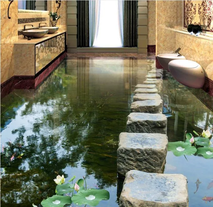 Stream Stone Pier Lotus flow 3D floor tiles floor painting Photo Floor Wallpaper