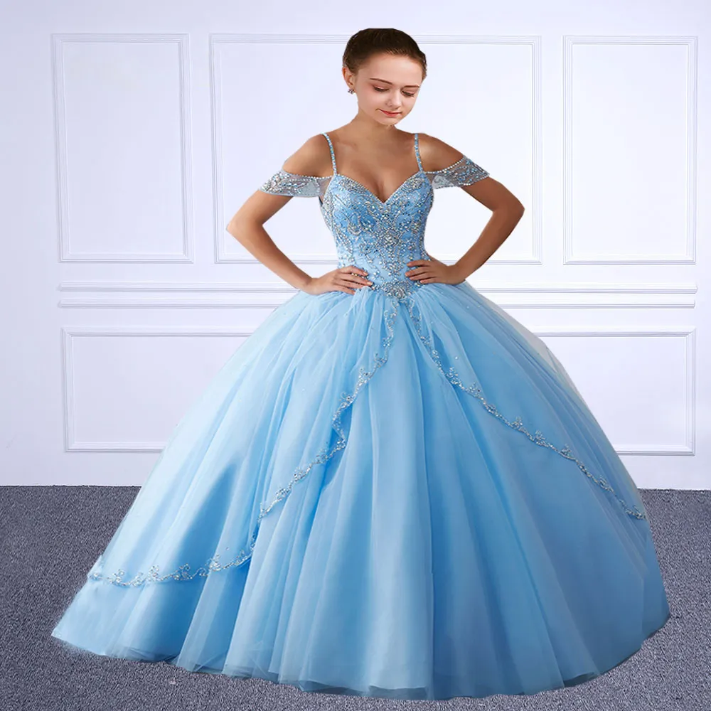 Mode Sky Blue Quinceanera Klänningar Vestidos de 15 Anos Tulle Ball Gown Kristaller Beaded Pink Sweet 16 Klänningar Debutante Masquerade Klänningar