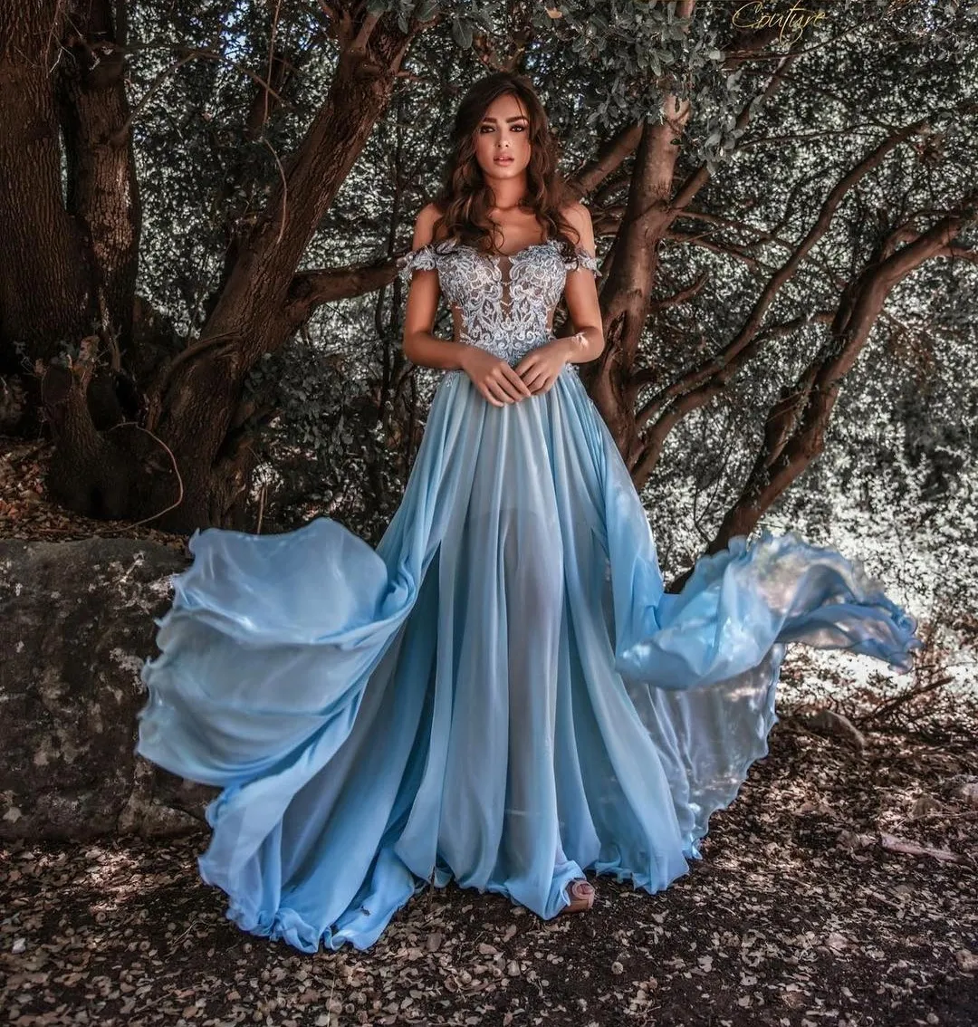 flowy chiffon prom dress A Line Sweetheart Blue Long Chiffon Prom Dress With Split PSK524 US10 / Custom Color main image 0