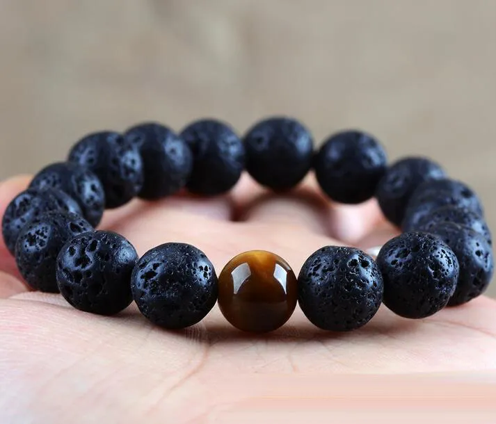 Atacado Natural Lava Rock stone Venda Popular lava beads pulseira Lavastone Pulseira com contas de olho de Tigre 8mm bola pulseira