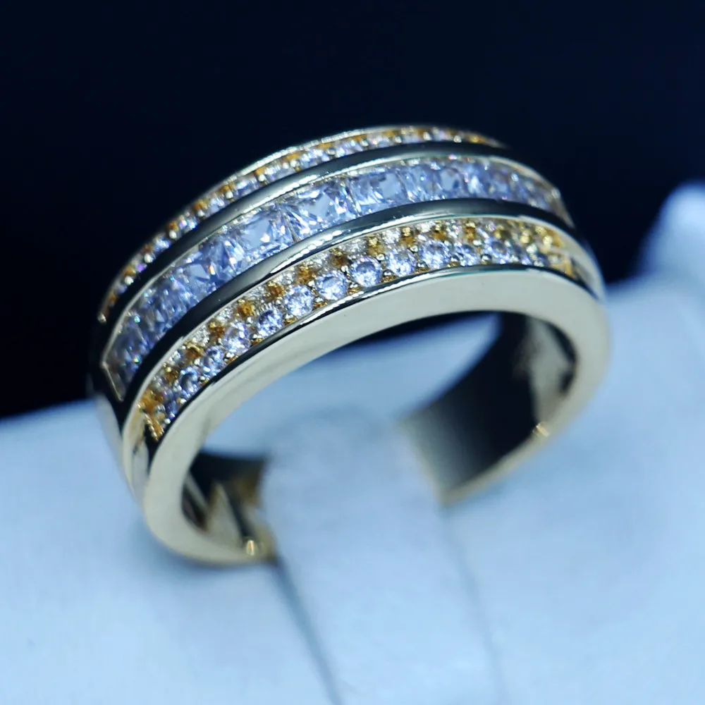 3 Cores Rodada Masculino Anel de Banda Garnet 5A Zircon pedra partido anel de banda de casamento para Homens Ouro Amarelo cheio de moda Jóias