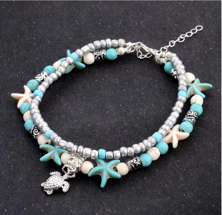 Fashion Sea Turtles Imitation Pearls Starfish Charms Bracelets Anklets For Women Bohemian Summer Foot Chain Jewelry Gifts