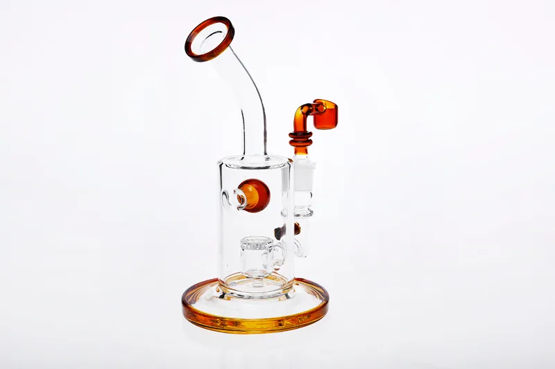 Bent Neck Amber Water Pipe Bong with Bowl 14.4mm Joint Thick Glass Water Pipes in-line Perc Two Function Oil Rigs Smoking Pipes Height 7.9"