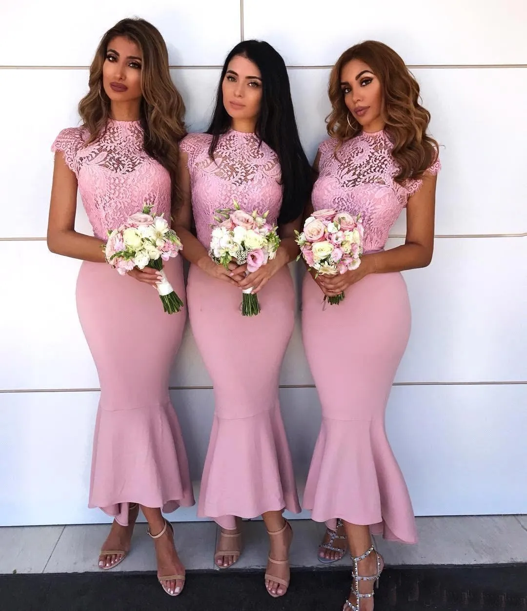 Romantic Mermaid Bridesmaid Dresses Cheap Ankel Length High Neck With Sleeves Lace Satin Wedding Guest Party Evening Dress Gown