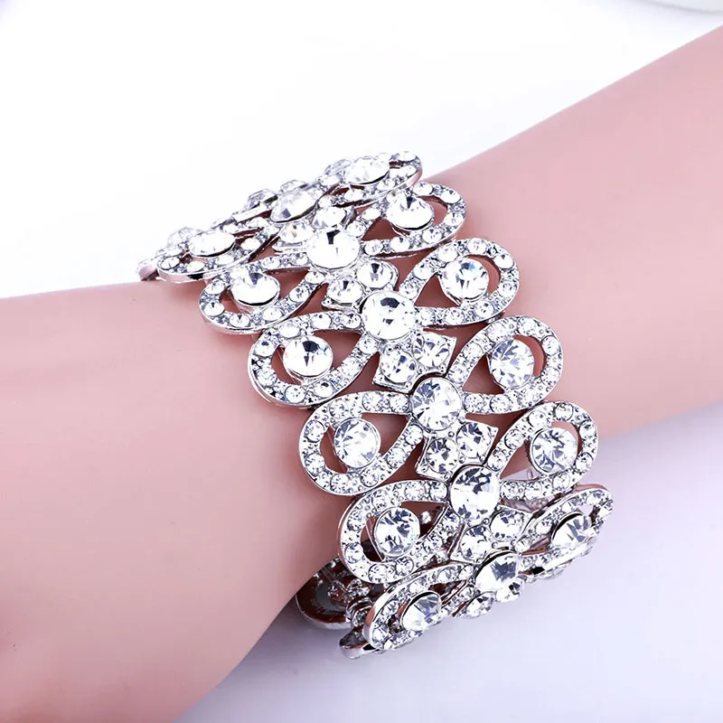 Matrimonio Gioielli di lusso Pietre di cristallo strass Bracciali di colore oro le donne Sposa Stretch corda ampia bracciali braccialetti