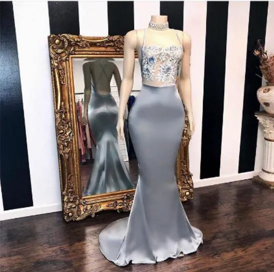 Spaghetti Paski Mermaid Prom Suknia Długie Wieczór Szata De Soiree Koronki Soft Satin Criss-Cross Open Back Party Prom Dresses Longo Vestido