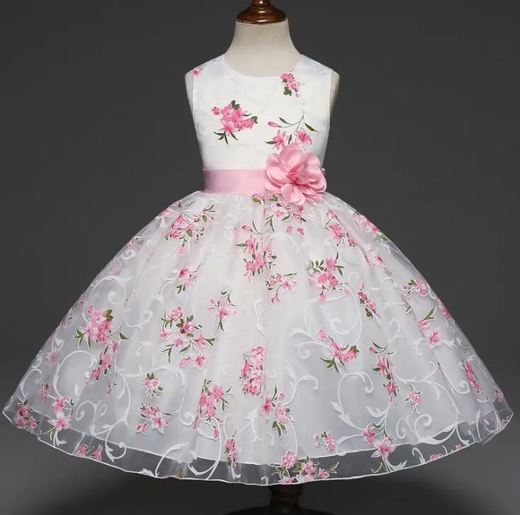 Nya barn flickor blommig klänning ärmlös blommor tryckta spets tulle tutu party klänning barn prinsessa boll klänning klänningar w135