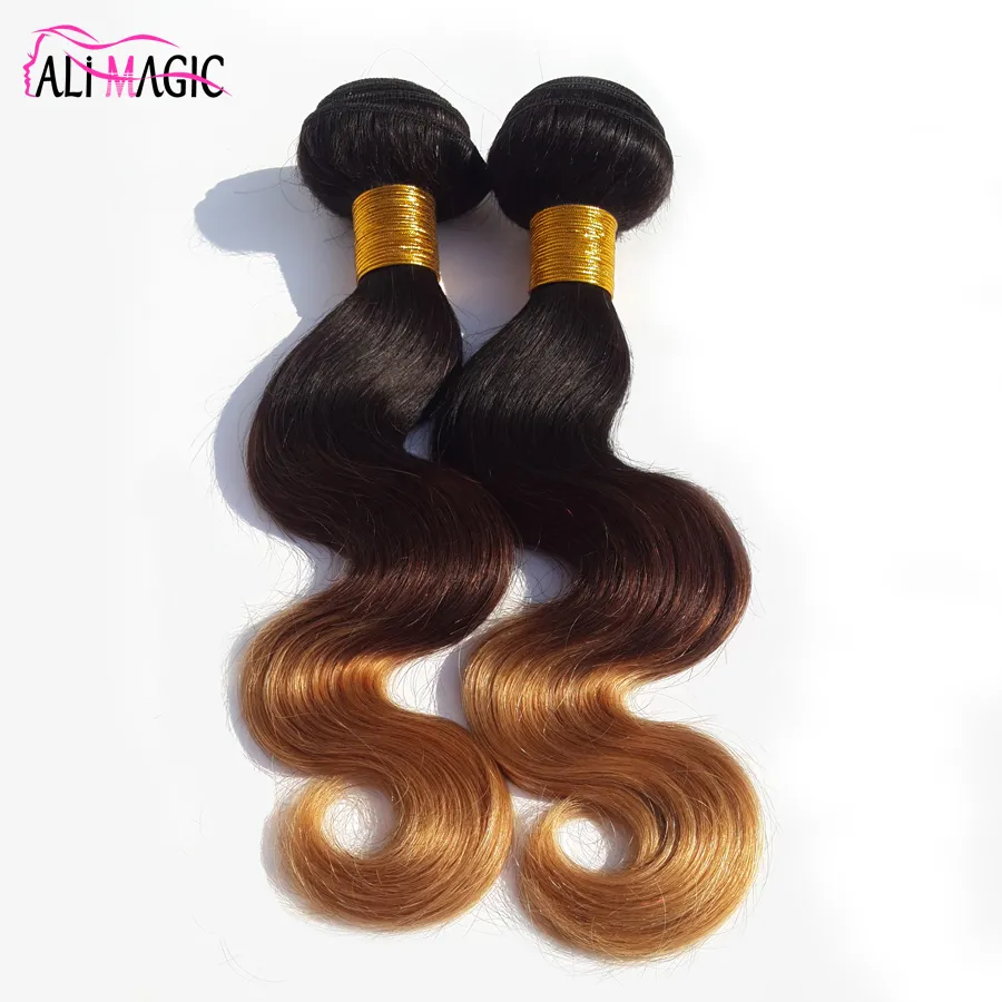 Tomada de fábrica alimagic três tons onda do corpo ombre tecer cabelo 1b/4/27 loira ombre cabelo humano virgem 3 pçs 100 g/pçs brasileiro peruano