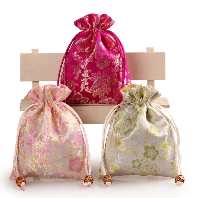 Drawstring pequeno saco de cetim de seda bolsa de jóias de alta qualidade festa de casamento favorece sacos de embalagem de presente floral / lote