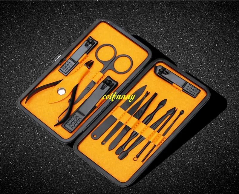 Högkvalitativ 12st Rostfritt stål Nail Clipper Kit Black Manicure Plier Tweezer Scissor Ear Pick Set Professionell grooming kit