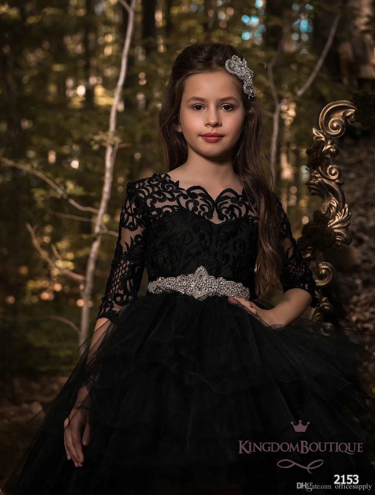 Black High Low Long Sleeve Flower Girl Dresses Lace Applique Ruffles Girls Pageant Gowns Children A Line Kids Prom Party Dress277Q