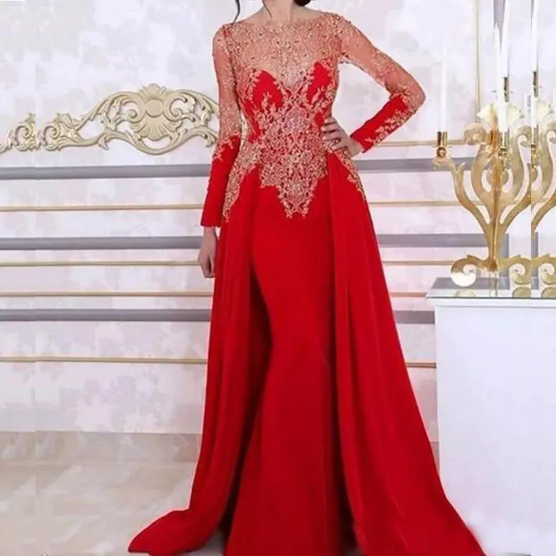 Długie rękaw Suknie Suknie Wieczorowe Z Odpinaną Spódnicą Koronką Frezowanie Cekin Red Arabski Kaftan Formalna Suknia Wieczorna