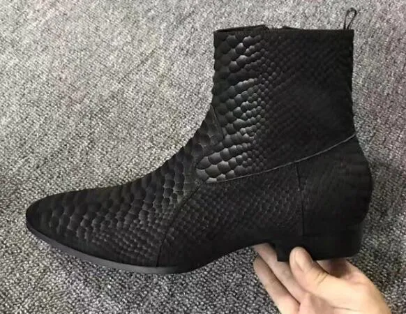 2018 botas de couro de impressão de pele de cobra de couro matt tornozelo botas de festa sapatos masculinos zip up motocicletas botas de homens