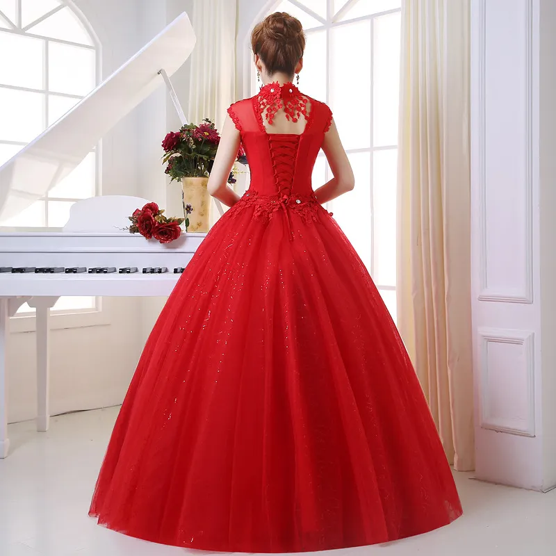 Velnosa Real Photo Vente Chaude Robe De Noiva 2018 Nouveau Style D'été Rétro Cou Dentelle Appliques Robe De Mariée Rouge Princesse Casamento