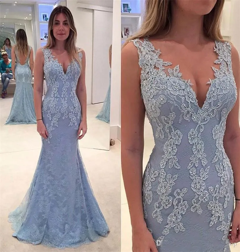 Hot Selling Sweep Train V Neck Sky Blue Mermaid Mother of the Bride Dresses with Appliques Lace for Wedding Party