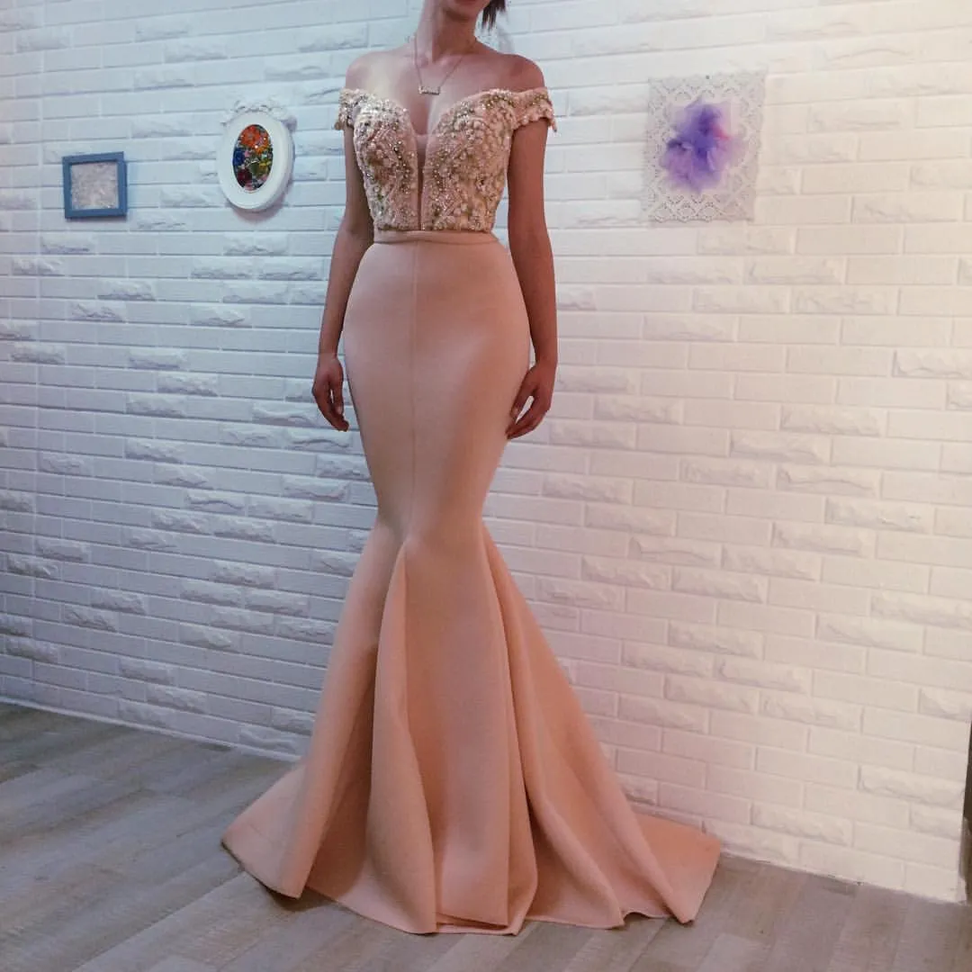 Uit de schouder Korte mouwen Perzik Party Prom Dresses Lange Mermaid Kant Pailletten Landavond Jurken Formele Bruidsmeisjes slijtage