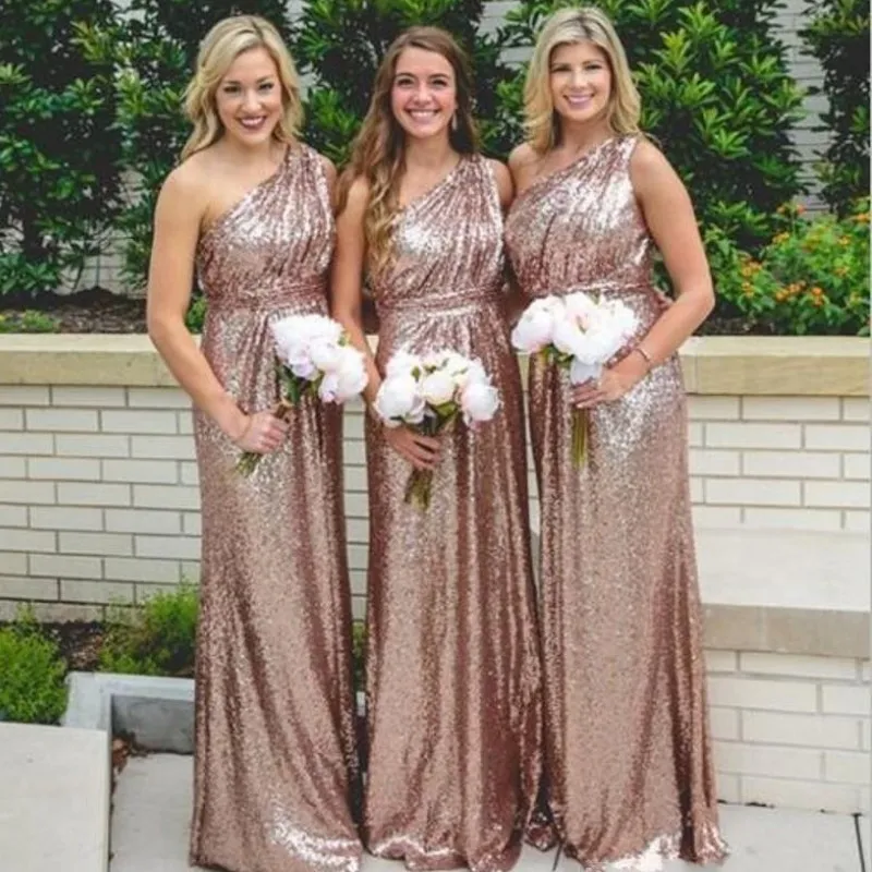 Glitzernde Brautjungfernkleider in Roségold, sexy, einschulterlang, mit Pailletten, bodenlang, Abendkleid 2018 in Übergröße, Dubai-Kleid für Trauzeugin, Partykleid