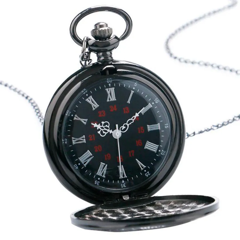 Vintage Charm Black Unisex Fashion Roman Number Quartz Steampunk Pocket Watch Women Man Necklace Pendant with Chain Gifts