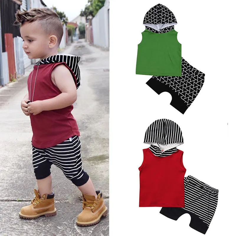 Boys Summer Boutique Newborn Outfit Set INS Sleeveless Hooded Top And Geometric Stripe Shorts From Hltrading 6.59 DHgate.Com