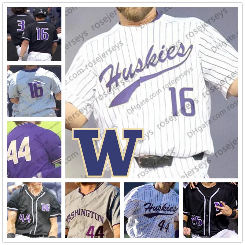 Personalizado Washington Huskies NCAA Béisbol Blanco Púrpura Negro Cosido Cualquier número Nombre # 6 Mason Cerrillo 44 Joe Wainhouse 16 Nick Kahle Jersey