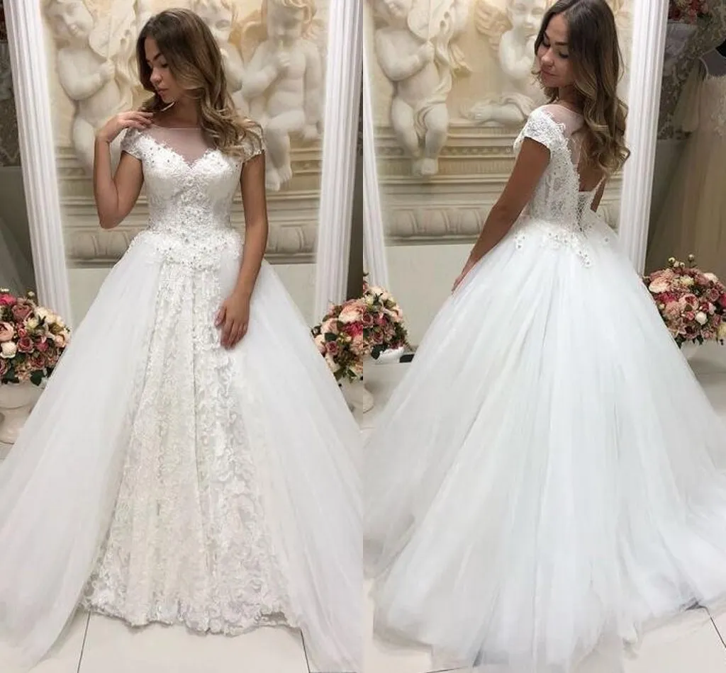 2019 Primavera Princesa Vestidos de Casamento Sheer Bateau Capped Mangas Curtas Frisado Rendas Apliques Corset Voltar Aberto Até O Chão Vestido De Noiva