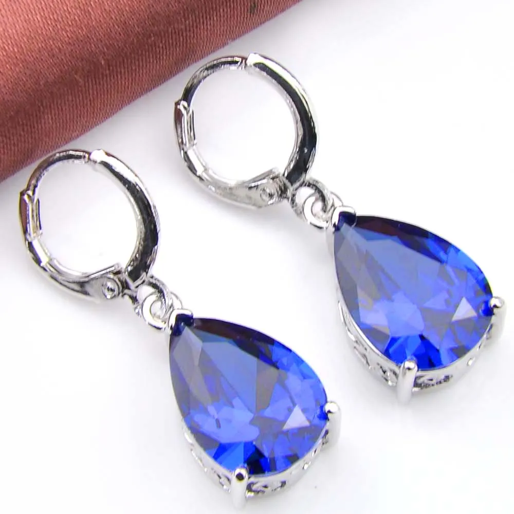 10Prs Luckyshine Fashion Shine Water Drop Fire Blue Topaz Cubic Zirconia Gemstone Silver Dangle Earrings for Holiday Wedding Party