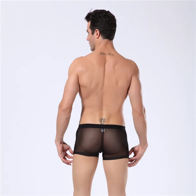 Erotic Men`s Underpants Boxer Shorts Sexy See Through Mesh Transparent Ultra-thin Gay Pouch U-convex Silk Soft Comfort BoxerShorts Underwear