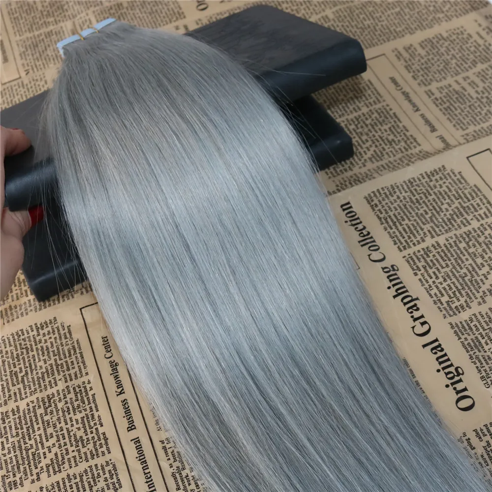 Tape in Human Hair Extensions Sliver color Skin Weft Tape in Extensions Grey PU Straight Tape on Hair Extensions 100g 335i