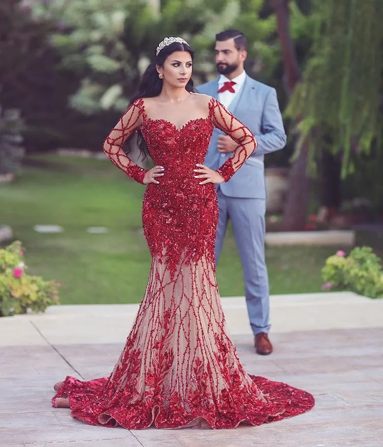 Saudi Arabia Glamorous 2018 Prom Dress Sheer Jewel Neck Sequins Beads Floral-Applique Evening Dress Luxury Mermaid Party Dress Robes De Soir